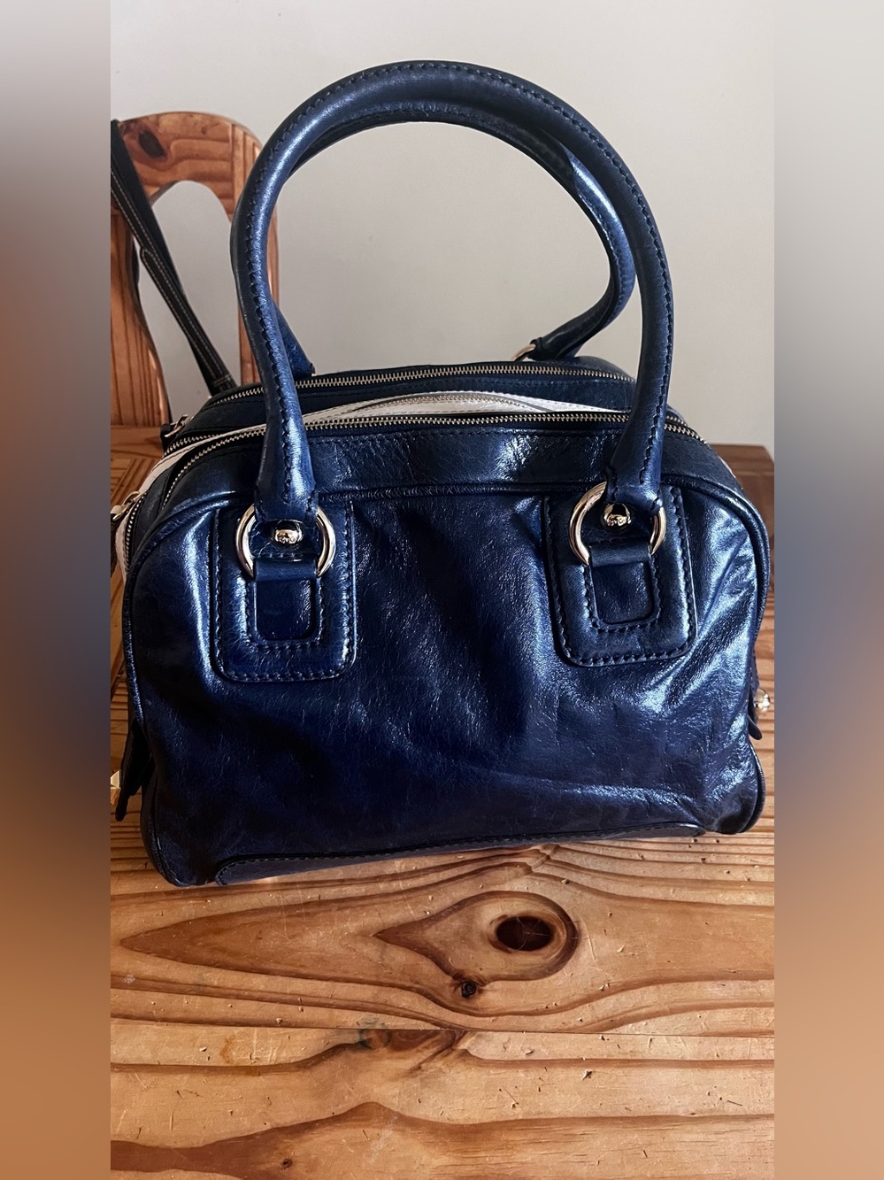 D&G Blue & White Leather Lily Bag Satchel with Gold Hardware
